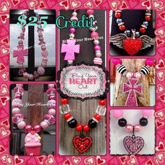 a collage of pink and black items with hearts, crosses, angel wings and more