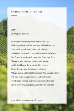 the poem garden poem of the day is written in front of a photo of a vineyard