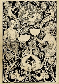 an old fashioned drawing with mermaids and other creatures on it's sides, in black and white