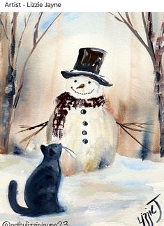 a watercolor painting of a cat and snowman