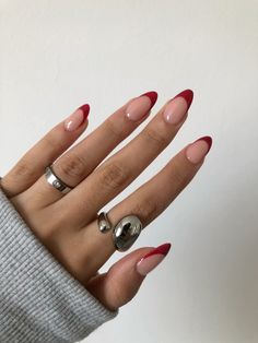 Red Thick French Tip Nails, Red French Tip Nails Almond Valentines, Colour Tip Nails French, Fun Engagement Nails, Red French Tips Almond, Wine French Tip Nails, Dark Red French Tips, Cherry Red Almond Nails, Red French Tip Nails Almond