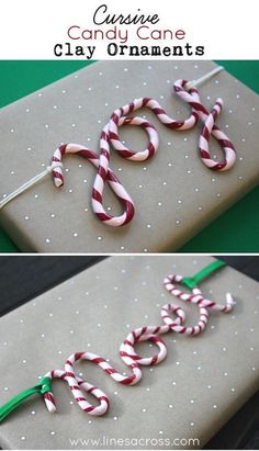 two pictures of wrapped presents with candy canes on them and the word joy spelled out