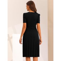 Upgrade your workwear wardrobe with the Allegra K Work Dress and exude confidence and sophistication every day. The pleated detailing adds texture and movement to the dress, adding an extra element of style. Pair it with your favorite heels or flats, add some accessories, and you're ready to conquer the office in style. V-neck Pleated Waist Dress For Work, Fitted V-neck Pleated Dress With Pleated Sleeves, Formal V-neck Pleated Dress With Pleated Hem, V-neck Pleated Dress With Pleated Sleeves For Work, Formal Black Pleated Dress With Pleated Waist, Formal Black Dress With Pleated Waist, Formal Black Pleated Dress, Fitted Solid Color Pleated Midi Dress, Fitted Solid Color Midi Dress With Pleated Skirt