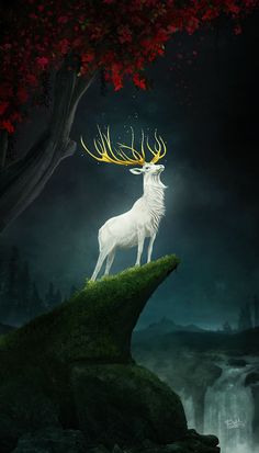 a white deer standing on top of a lush green hillside next to a waterfall at night