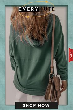 Sea Green Casual V Neck Drawstring Hoodie Leisure Drawstring Hoodie Sweatshirt, Green Long Sleeve Top With Drawstring, Leisure Long Sleeve Hoodie With Drawstring, Fall Leisure Hoodie With Drawstring, Casual Solid Color Hooded Hoodie, Casual Hooded Hoodie In Solid Color, Spring Cotton Hoodie In Solid Color, Casual Hooded Top For Leisure, Trendy Hooded Tops For Leisure