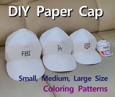 five baseball caps with the words diy paper cap printed on them, sitting next to each other