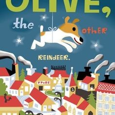 an advertisement for olive, the reindeer is flying through the air above houses and buildings