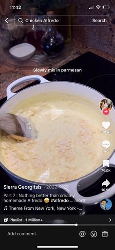 someone is cooking food in a pan on the stove with an app that lets you know what's cooking