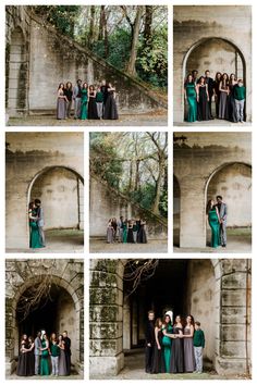 a group of people standing next to each other in front of a stone wall and archway