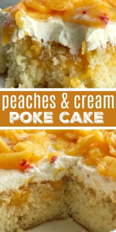 peaches and cream poke cake on a plate