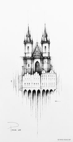 a black and white drawing of a castle