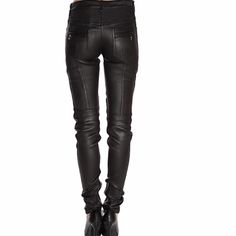 A Pair Of Sleek And Edgy Skinny Pants Constructed From Luxe Leather. Est. Retail Price: $3,945.00 9" Rise, 36" Inseam (Size Eu 36) Zipper Fly Belt Loops 5-Pocket Design Angled Exposed Zipper Pockets Leather Construction Main Fabric: 100% Lamb Skin; Lining: 60% Cotton, 35% Polyester, 5% Elastane Professionally Clean Imported Model Stats: 5'10", 32" Bust, 26" Waist, 36" Hip. Model Is Wearing Size S Luxury Fitted Leather Pants, Sleek Fitted Leather Pants With Belt Loops, Luxury Black Leather Pants For Party, High Waist Fitted Leather Pants For Formal Occasions, Fitted High-waisted Leather Pants For Evening, Luxury Black Leather Party Pants, Luxury High-waisted Pants For Night Out, Fitted Straight Leg Leather Pants For Evening, Elegant High Rise Leather Pants For Work