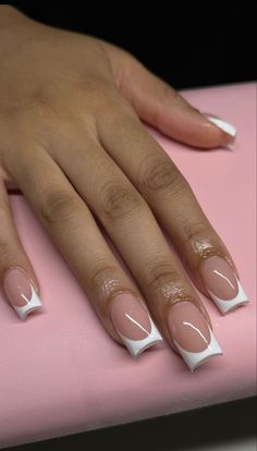 Short White French Tip Nails With Gems, French Tip Acrylics Short, Regular French Tip Nails, French Tip Nails With Design Short, Short Arclyc Nail, Short Square French Tip Acrylic Nails, Medium Length French Tip Nails, Square Acrylic Nails French Tips, Medium French Tip Nails