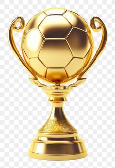 a golden soccer ball trophy on top of a metal stand, transparent and png