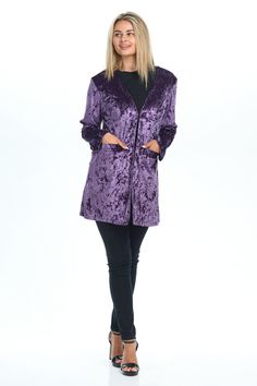 Elevate your style with this eggplant stretch velvet cardigan for women. The perfect addition to any outfit, it features a princess silhouette, one dainty hook and eye closure, and convenient pockets. This luxurious cardigan adds a touch of glam to your everyday denim looks, as well as fancy affairs like parties and the beach. Made with 90% Polyester and 10% Spandex, with a trim of 1 small hook and eye. Bonus: no inner lining needed! Purple Outerwear For Evening In Fall, Fitted Purple Cardigan For Fall, Purple Fitted Cardigan For Fall, Elegant Purple Party Outerwear, Fitted Purple Evening Outerwear, Elegant Purple Fall Cardigan, Velvet Cardigan Nordstrom, Elegant Purple Winter Cardigan, Dark Purple Cardigan