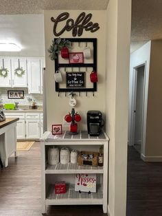 the coffee bar is organized and ready for customers to use