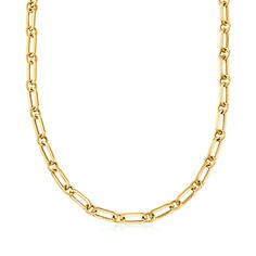 Ross-Simons - Italian 18kt Gold Over Sterling Paper Clip Link Necklace. 20". Our Italian-made necklace embodies one of today's hottest jewelry trends. Polished 18kt yellow gold over sterling silver paper clip links gracefully drape the neckline in a modern silhouette. Pair with other favorites to achieve the popular layered look! Toggle clasp, 18kt yellow gold over sterling silver paper clip link necklace. Yellow Gold Necklaces With Rectangular Links For Anniversary, Anniversary Yellow Gold Paperclip Chain Necklace, Yellow Gold Paperclip Chain Necklace For Anniversary, Paper Clip Necklace, Silver Paper, Hot Jewelry, Toggle Clasp, Layered Look, Link Necklace