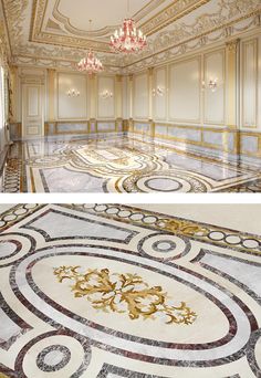 an ornately decorated room with chandelier and marble flooring is shown in two different views