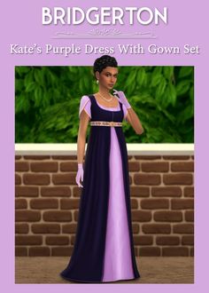 a woman wearing a purple dress with gown set on her chest and the words, kate's purple dress with gown set