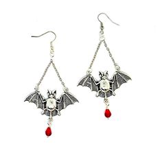 "Large Bat Earrings. Stunning silver plated hanging bat chandelier / dangle earrings with chain and black faceted crystal glass teardrop bead. Matching Necklace Available: https://www.etsy.com/listing/892607111/large-bat-necklace-red-faceted-crystal?ref=shop_home_active_1&frs=1 Dimensions: 2\" width ( Wing Span ) - Height 1\" - Drop Length ( including Crystal glass bead and hook 3\". Great for any Halloween, Gothic, Vampire Night out. Thanks For Visiting, REBELTUDE." Bat Chandelier, Hanging Bat, Bat Earrings, Charm Choker Necklace, Silver Angel Wings, Halloween Gothic, Gothic Vampire, Angel Wing Earrings, Le Crochet