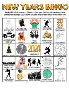 the new year's bingo game is shown in black and white, with images of people