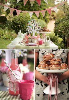 a collage of photos with pink and white items in the foreground, an image of a woman holding a plate full of donuts