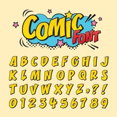 comic font and lowercase letters in the style of comics on a yellow background with stars