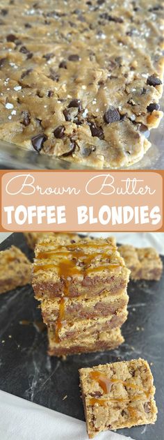 brown butter toffe blondies stacked on top of each other