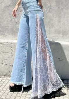 Thrifted Outfits Aesthetic Summer, Lacy Jeans, Fashion Inspo Outfits 2024 Summer, Lacy Aesthetic, Patchwork Jeans Diy, Lacy Outfits, Thrift Upcycle Clothes, Jeans With Lace, Unique Pants