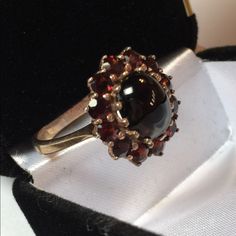 Sterling Vermeil Garnet Ring Cabochon Center Stone / Cluster Design Size 8 1/4 Garnet Cluster Ring, Red Garnet Cluster Ring With Gemstone, Elegant Red Garnet Cluster Ring, Heirloom Style Red Garnet Cluster Ring, Vintage Garnet Cluster Ring With Gemstone, Vintage Red Garnet Cluster Ring, Cluster Design, Garnet Ring, Ring Color