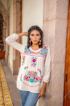 Hand Embroidered Floral Blouse. Floral Mexican Blouse. Mexican | Etsy Spanish Embroidery, Split Sleeve Top, Mexican Blouse, Multi Color Blouse, Blouse Long Sleeve, Cotton String, Beautiful Blouses, Sewing Tips, Embroidered Silk