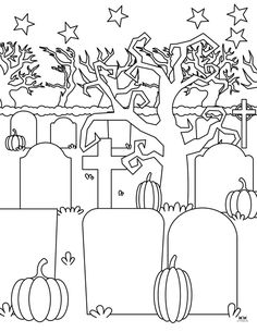 a black and white drawing of a cemetery with pumpkins, stars and trees in the background