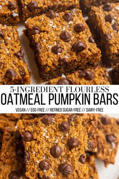 Vegan pumpkin bars Oatmeal Pumpkin Bars, Vegan Pumpkin Bars, Vegan Pumpkin Oatmeal, Pumpkin Oatmeal Bars, Paleo Pumpkin Bars, Pumpkin Granola Bars, Gluten Free Pumpkin Desserts, Bars With Chocolate Chips, Healthy Pumpkin Bars