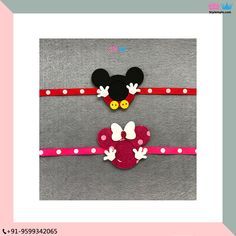 two mickey mouse headbands are shown on a pink and gray background with white polka dots