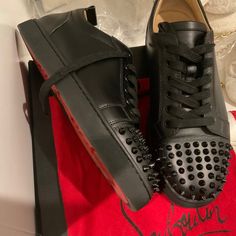 Worn Once. Black Sneakers With Red Sole In Calf Leather, Black Calf Leather Sneakers With Red Sole, Designer Black Custom Sneakers With Red Sole, Luxury Spiked Round Toe Sneakers, Luxury Black Sneakers With Spikes, Luxury Black Custom Sneakers With Red Sole, Red Bottoms For Men, Louboutin Men, Christian Louboutin Men