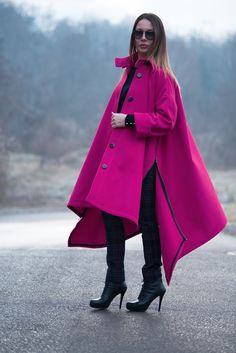 "Cashmere Coat, Hot Pink Coat, Asymmetric Coat, Loose Cape, ►Gorgeous Hot Pink Cashmere Coat with big pockets. This Coat has no linen. ►Suitable for plus size. The model is Loos fit. The model wears size M - 5,6' / 170 cm Please note the desired length in \"note from buyer \"section when placing your order and I would love to make it for you ►Materials & Care Cashmere, Wool, Polyester Dry Cleaning Medium hot iron ►All of our packages are sent out with tracked delivery. Keep in mind that cust Cheap Red Color Block Outerwear, Trendy Luxury Solid Color Outerwear, Plus Size Fitted Full Length Winter Coat, Luxury Solid Color Outerwear For Everyday, Hot Pink Coat, Winter Coat Elegant, Asymmetrical Coat, Coat Plus Size, Loose Coats