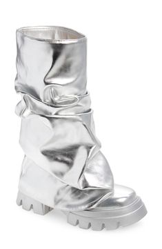 A slouchy shaft and lug sole play up the edgy, utilitarian vibe of this outfit-making boot. Synthetic upper, lining and sole Imported Asian Owned/Founded Lug Sole Boots, Lug Sole, Costume Design, Womens Boots, Nordstrom, Boots, Silver