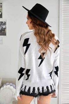 Flash Print Round Neck Sweater Distressed Knit, Trendy Sweater, Lightning Bolts, Distressed Sweaters, Color Sweater