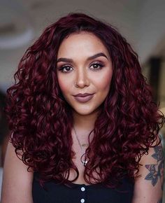 Curly Hair Color Ideas Burgundy, Plum Burgundy Hair With Highlights, Merlot Curly Hair, Curly Mahogany Hair, Red Curly Hair Styles, Curly Dyed Hair Natural Curls Red, Dark Red Hair On Curly Hair, Curly Plum Hair, Dark Red Highlights In Black Hair