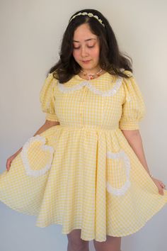 Lemon Gumdrop Dress Fitted Lace Trim Dress For Picnic, Fitted Gingham Cottagecore Dress, Sweet Spring Gingham Dress, Sweet Gingham Dress For Spring, Spring Cute Dresses With Lace Collar, Cute Spring Dress With Lace Collar, Cute Gingham Dresses With Lace Trim, Retro Spring Dress With Lace Collar, Retro Dresses With Lace Collar For Spring