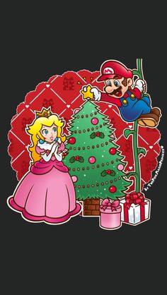 mario and princess peach next to a christmas tree