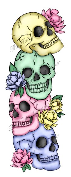 three skulls stacked on top of each other with flowers in their hair and one is wearing a