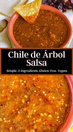 chili de arbol salsa in a bowl with tortilla chips on the side