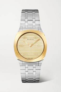 Gucci's '25H' watch draws inspiration from the streamlined shapes of contemporary architecture. Perfect for those with delicate wrists, this style has a slim 30mm gold-plated case that matches the sun-brushed logo-engraved dial. It's powered by a Swiss-made quartz movement and has a sapphire glass crystal face complete with an anti-reflective coating to prevent any glare from the sun. The stainless steel bracelet has a fluid five-link construction and fastens with a neat clasp that you can take… Gucci Luxury Watch Accessories With Date Indicator, Designer Gold Watches With Chronometer, Gucci Yellow Gold Watch With Diamond Hour Markers, Gucci Designer Watch With Date Indicator, Elegant Gucci Watch With Date Indicator, Designer Yellow Gold Chronometer Watch, Designer Yellow Gold Watch With Chronometer, Designer Yellow Gold Chronograph Watch, Designer Gold Watches With Subdials