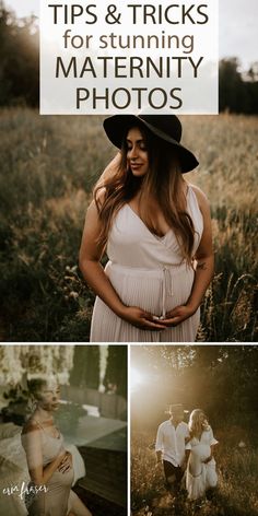 two pregnant women in white dresses and black hats with the words tips & tricks for stunning maternity photos