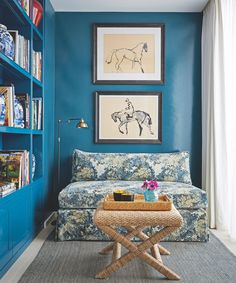 a living room with blue walls and bookshelves on the wall, a couch in front of a coffee table