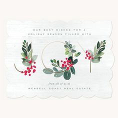 a holiday card with holly wreaths and red berries