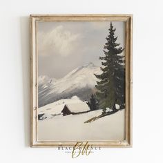 an oil painting of a snowy landscape with trees and a cabin in the foreground