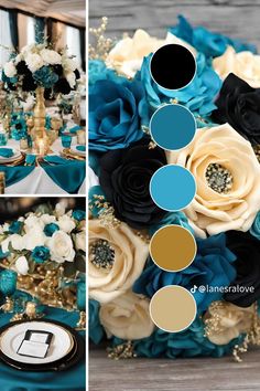 the table is decorated with blue and white flowers, gold accents, and black napkins