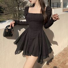 Waist Defining Dress, Black One Piece Outfit, One Piece Dress Knee Length, Korean Fashion 2023, Black One Piece Dress, Fashion 2023 Spring, Long Sleeve Dress Casual, Sleeve Dress Casual, Pencil Skirt Fashion